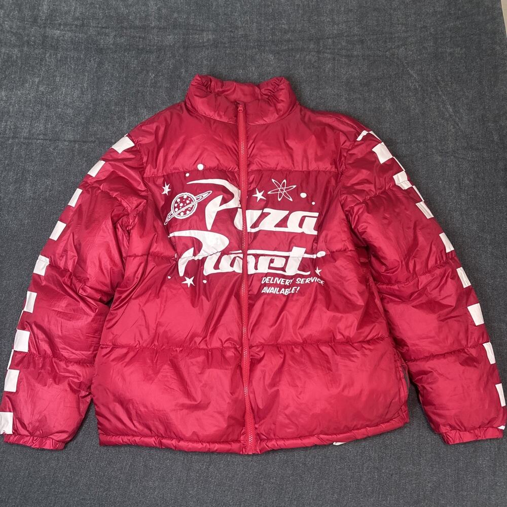 Disney Pizza Planet Jacket Mens Size Large Red Puffer Full Zip Toy Story Theme